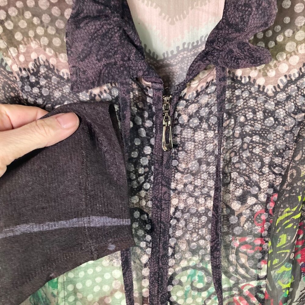 Womens John Mark Lagenlook Sheer Tunic Top Floral Dots Full Zip Multicolored L P - Picture 3 of 10